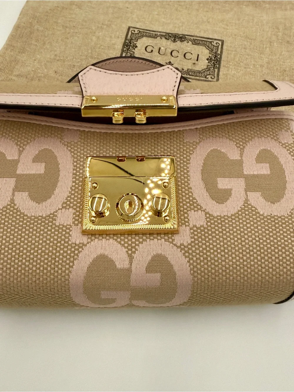 Gucci Padlock Jumbo GG Mini Calfskin Top Handle Shoulder Bag Perfect Pink /Beige